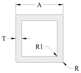 Aluminum square tube cross-section with dimension key
